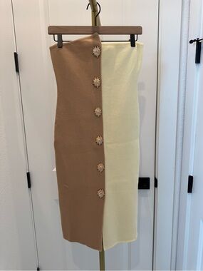 Two-Tone Camel and Pale Yellow Midi Dress with Decorative Buttons